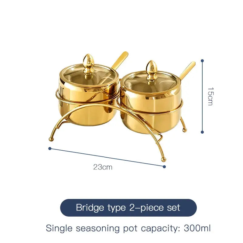 Luxury Golden 304 Stainless Steel Seasoning / Condiment Pot Set with Tempered Glass Lids, Matching Spoons & Storage Rack – Elegant Spice Containers with Food-Grade Coating – Ideal for Salt, Sugar, Spices & Condiments Bridge type 2