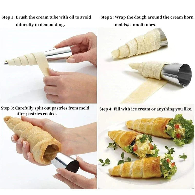 Stainless Steel Cream Horn Moulds – Cannoli Tubes & Pastry Cone Forms – Ideal for Cream Horns, Cannoli & Croissant Rolls – Available in 20, 23 & 33 Pieces