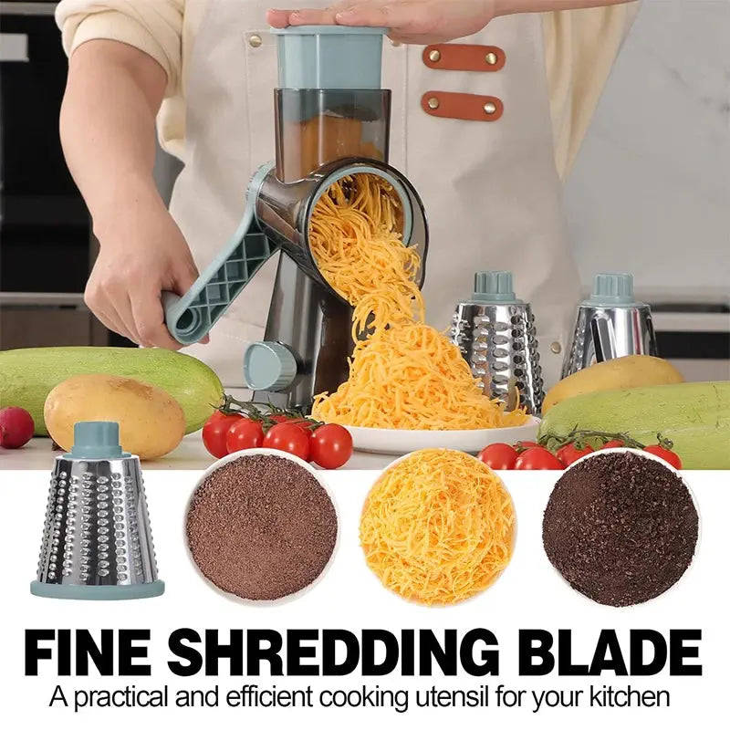3 in 1 Rotary Cheese Grater – Easy-to-Swap Stainless Steel Interchangeable Rotating Drum Blades for Effortless Slicing, Shredding, and Grating (Available in Grey, White, and Red Colours) Grey