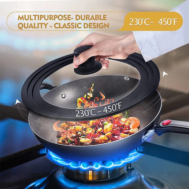 Universal Tempered Glass Pot & Pan Lid with Heat Resistant Silicone Rim – Fits Multiple Sizes of Pots, Pans & Skillets – Ideal for Simmering, Steaming & Keeping Food Warm – Available in 6 Size Ranges from 16cm to 30cm