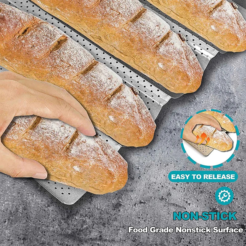 Non-Stick Perforated Carbon Steel Baguette Pan – French Bread Baking Tray – Perfect for Crusty Baguettes & Homemade Loaves – Available in 2 & 4 Loaves