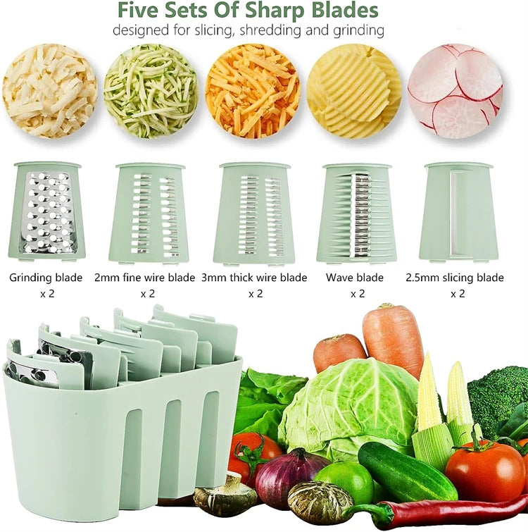 5-in-1 Rotary Cheese & Vegetable Grater with Handle & Suction Base – Multifunctional Manual Drum Grater / Slicer & Shredder with Easy-to-Swap Stainless Steel Interchangeable Rotating Drum Blades for Slicing, Shredding & Grinding (Light Green)
