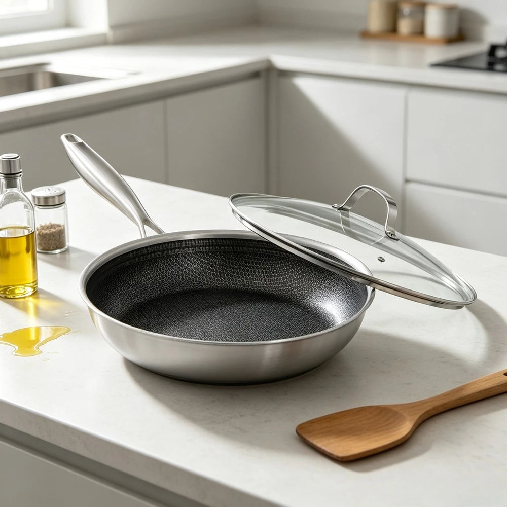 Honeycomb 3-Layer Stainless Steel Non-Stick Frying Pan with Lid – Cool-Touch Handle Skillet, Oven Safe to 315°C – Best for Eggs, Steaks & Omelettes (26cm)