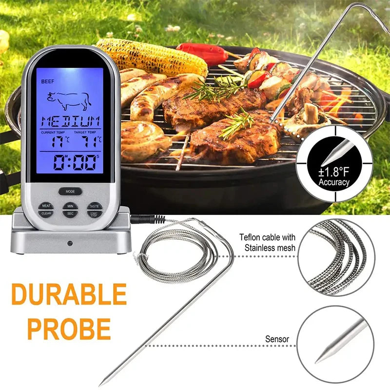 Wireless Digital Meat Thermometer with Wired Oven Probe – Large Backlit LCD Display, Base Dock & Temperature Alarm – Best for Roasting, Baking & Grilling