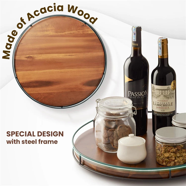 Acacia Wood Lazy Susan Turntable with Metal Frame – Rotating Countertop Organiser & Serving Tray – Great for Spices, Condiments & Serving – Available in 15cm, 16.7cm, 22cm & 29cm