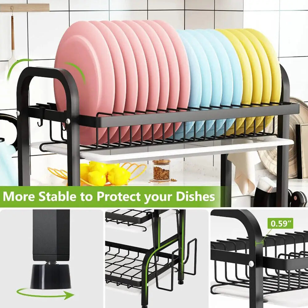 3 Tier Dish Drainer Rack with Drip Trays – Large Plate Rack with Cutlery & Chopping Board Holders – Great for Drying Dishes by the Sink