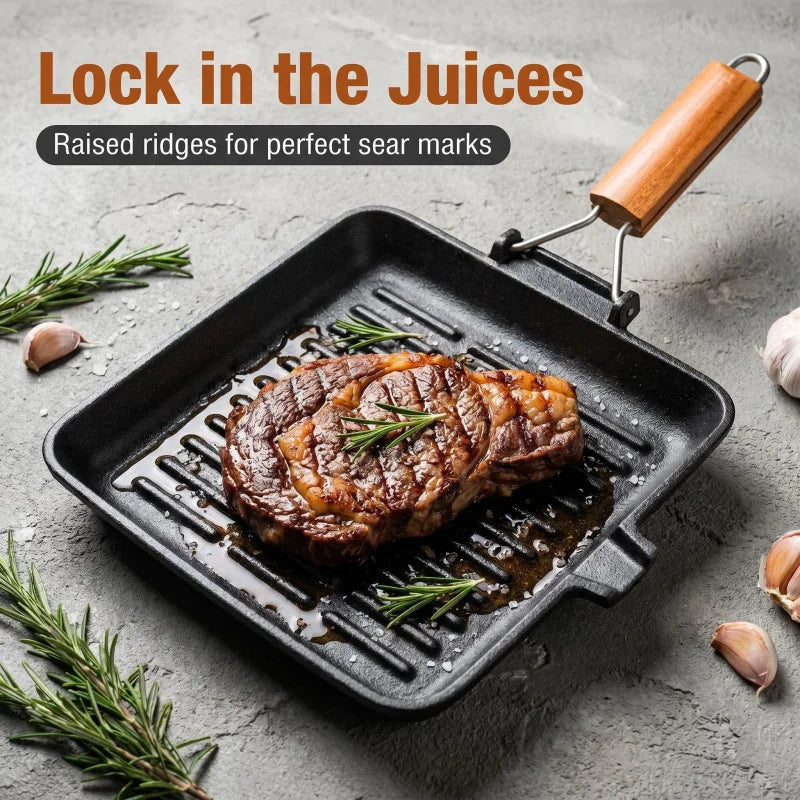 Cast Iron Grill Pan with Foldable Wooden Handle – Square, Rectangular & Round Ridged Skillets for Induction – Perfect for Steaks & Vegetables – Available in 20 x 20cm, 21 x 35cm & 24cm Round