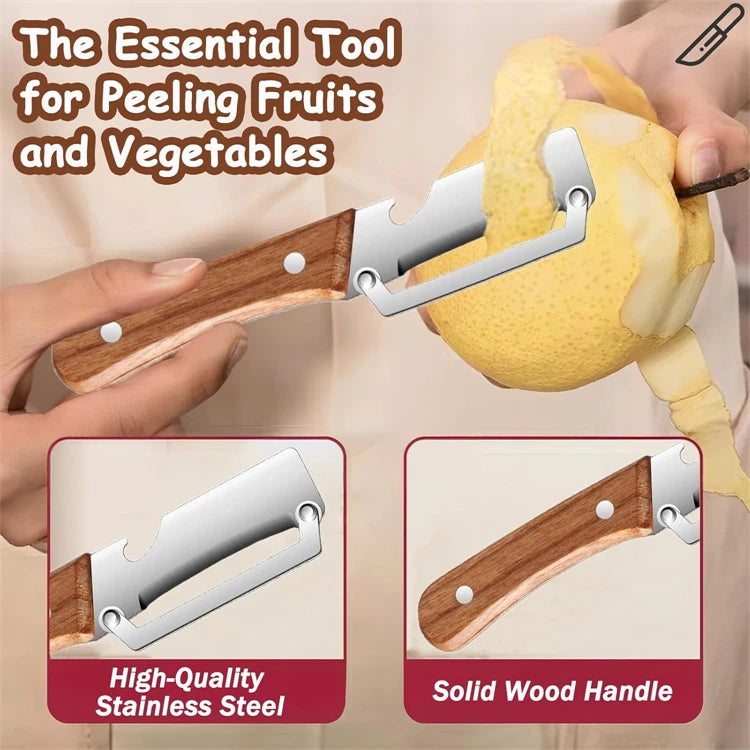 2 in 1 Stainless Steel Vegetable Peeler with Bottle Opener – Wooden Handle Potato, Carrot & Pumpkin Peeler – Great for Everyday Veg Prep