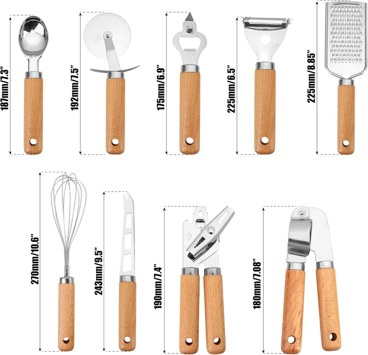 Stainless Steel Kitchen Gadget Set with Wooden Handle
