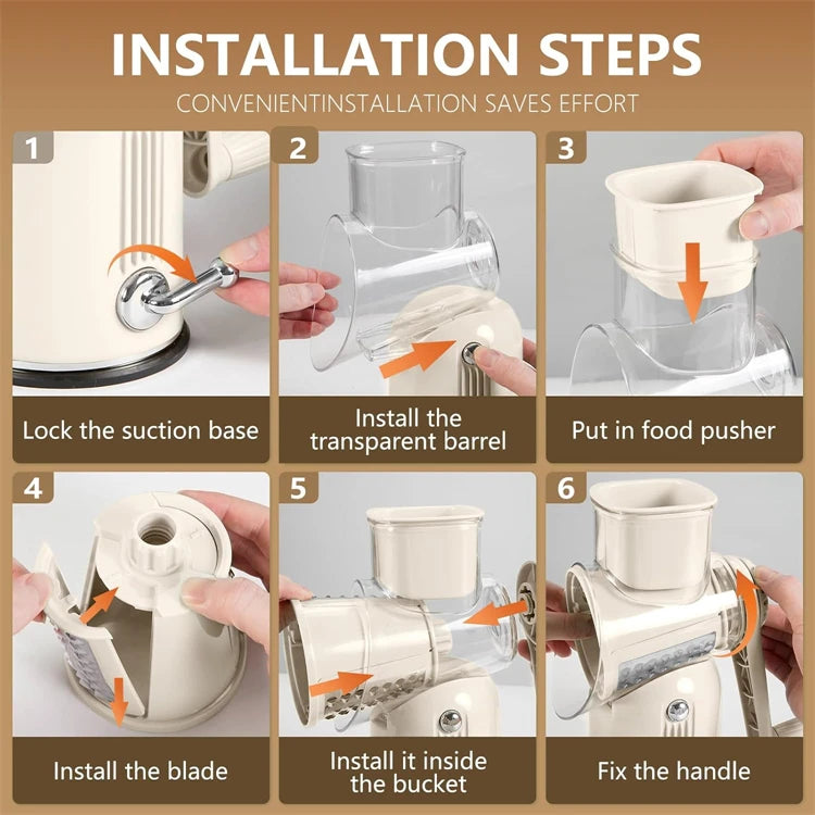 5-in-1 Rotary Cheese & Vegetable Grater with Handle & Suction Base – Multifunctional Manual Drum Grater (Available in Ivory and Light Green))