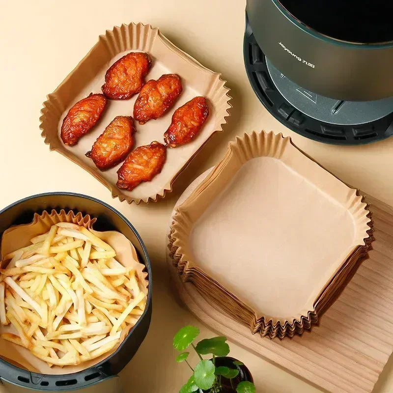 Disposable Air Fryer Paper Liners – Non-Stick Oil-Absorbing Baking Paper in Round & Square – Best for Air Fryers, Ovens & BBQ Plates – Available in 50 & 100 Packs