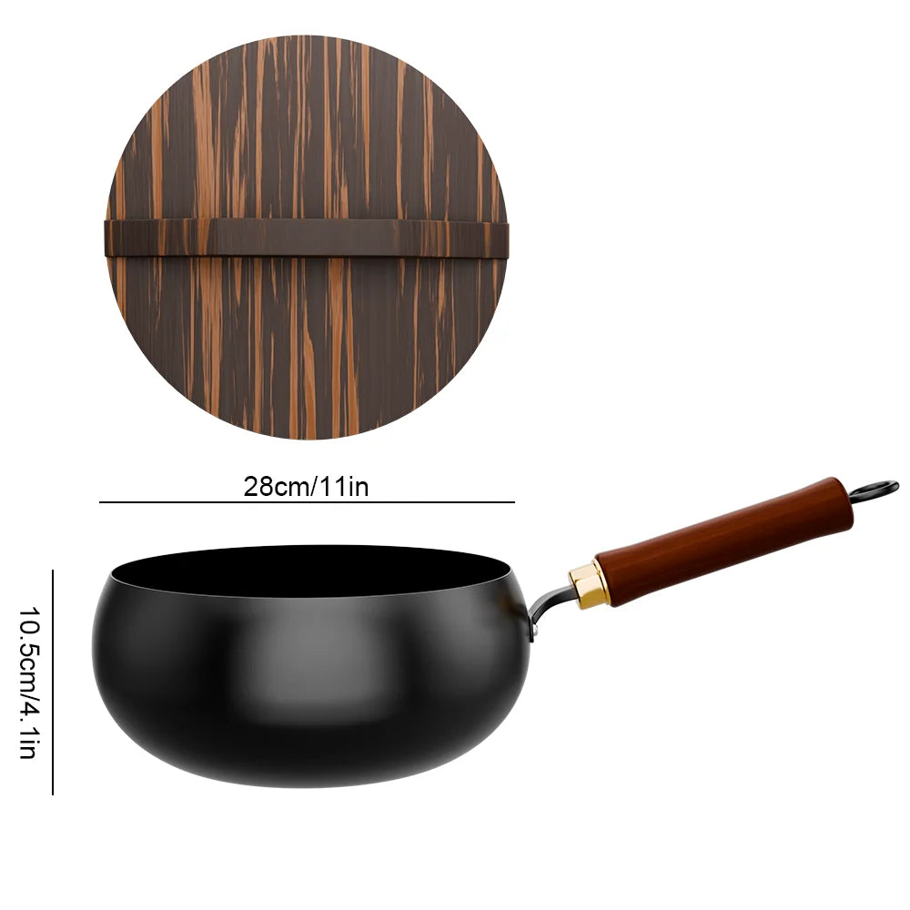 Carbon Steel Wok with Wooden Lid & Beech Wood Handle – Deep Stir-Fry Pan & Soup Pot – Perfect for Stir-Frying, Soups & Everyday Cooking (28cm)