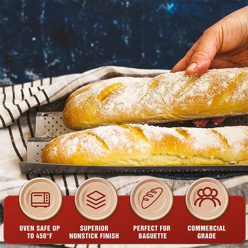 Non-Stick Perforated Carbon Steel Baguette Pan – French Bread Baking Tray – Perfect for Crusty Baguettes & Homemade Loaves – Available in 2 & 4 Loaves