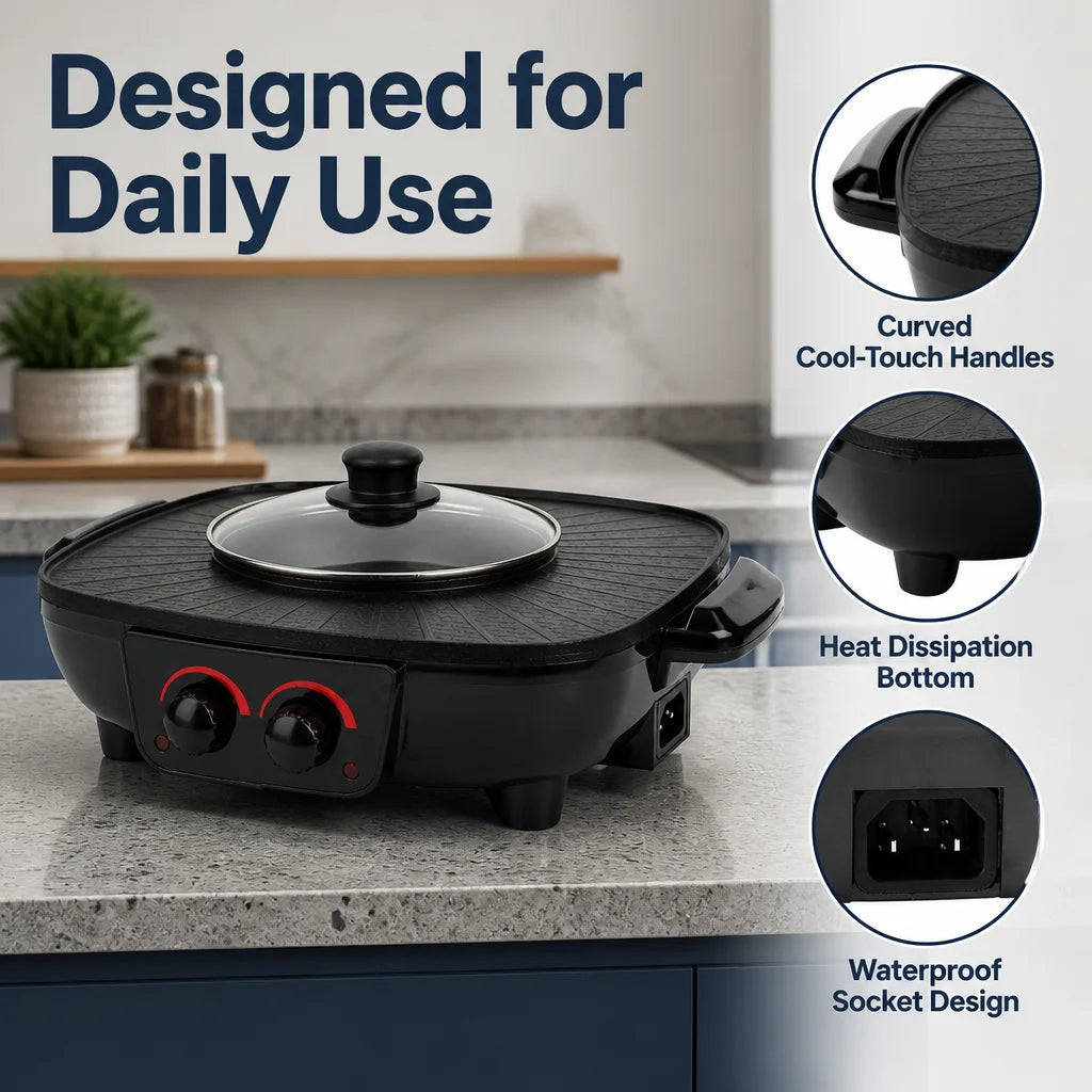 2-in-1 Electric Hot Pot & BBQ Grill – 1360W Smokeless Non-Stick Grill Pan with Dual Temperature Control – Perfect for Hot Pot Nights & Indoor Parties