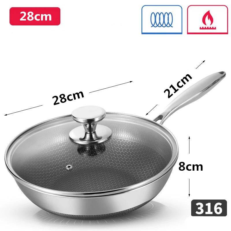316 Stainless Steel Wok Pan with Glass Lid 28cm with lid