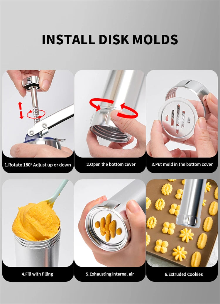 Stainless Steel Cookie Press Gun Kit – Biscuit Press with 20 Discs & 4 Icing Nozzles – Great for Homemade Biscuits & Decorating