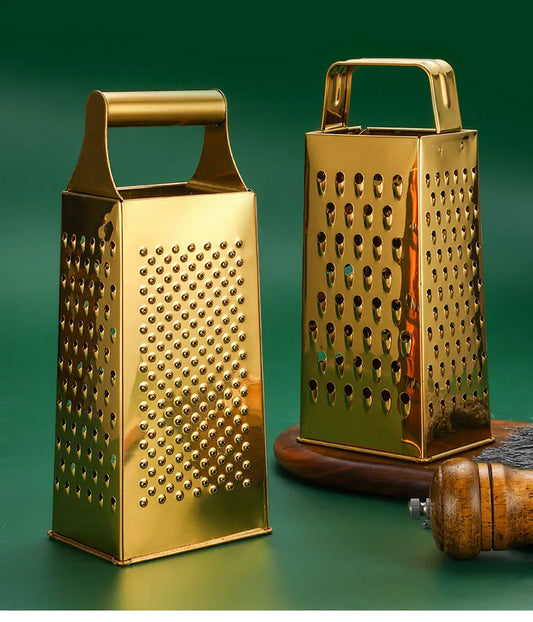 Stainless Steel Four-Sided Cheese Grater – Multi-Functional Handheld Box Grater & Vertical Fruit Slicer, Available in Gold & Silver