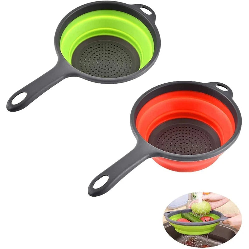 Collapsible Silicone Colander with Handle – Folding Strainer for Pasta, Vegetables & Fruit – Ideal for Small Kitchens, Caravans & Camping – Available in Green, Orange, Blue & Red Colours