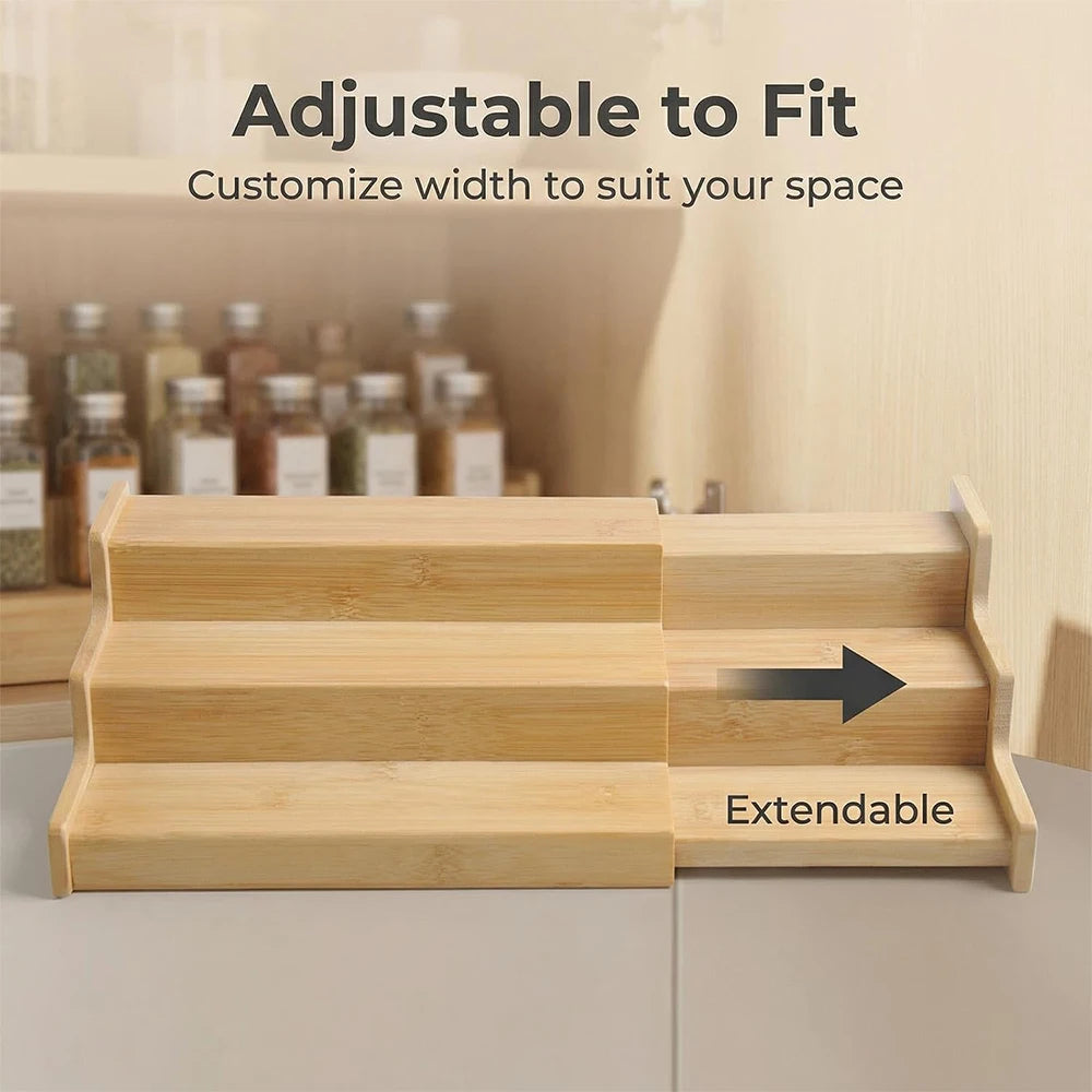 3 Tier Expandable Bamboo Spice Rack – Cabinet Spice Shelf & Seasoning Organiser Stand – Perfect for Kitchen Cupboards & Worktops