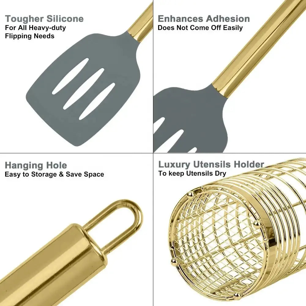 Golden Stainless Steel & Silicone Kitchen Utensils Set – Heat-Resistant, Non-Stick Safe Spatulas, Spoons, Turners, Whisk, Brush & More with Matching Golden Utensil Holder – Perfect for Modern Kitchens