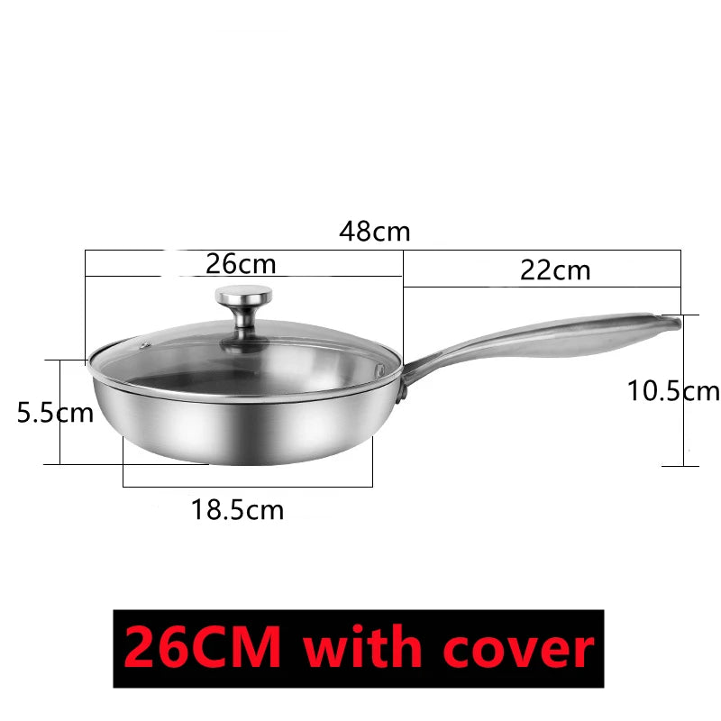 304 Stainless Steel Frying Pan with Glass Lid & Long Handle – Durable Skillet for Searing, Sautéing, Stir-Frying, Simmering & Pan-Frying Daily Meals – Suitable for Gas, Electric & Induction Cooktops – Available in 22cm, 24cm, 26cm & 28cm