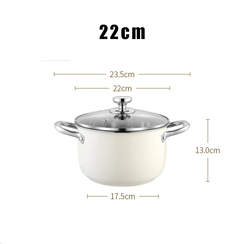 304 Stainless Steel Non-Stick Soup/Stock Pot with Glass Lid – Ideal for Heating Milk, Soups, Stews, Curries, Simmering, Sautéing & One-Pot Meals – Induction, Gas & Electric Compatible – Available in 18cm, 20cm, 22cm & 24cm (Milky White)