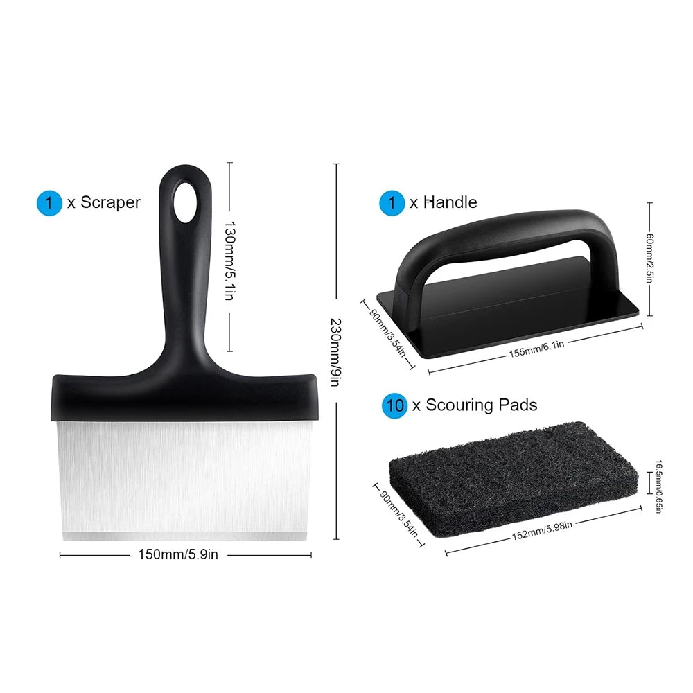 Flat Top Griddle Cleaning Kit – Stainless Steel Griddle Scraper & Scouring Pad Set – Ideal for Cleaning Griddles & BBQ Grill Plates – Available in 1 Piece – Style 1, 1 Piece – Style 2, 1 Piece – Style 3, 7 Pieces & 12 Pieces