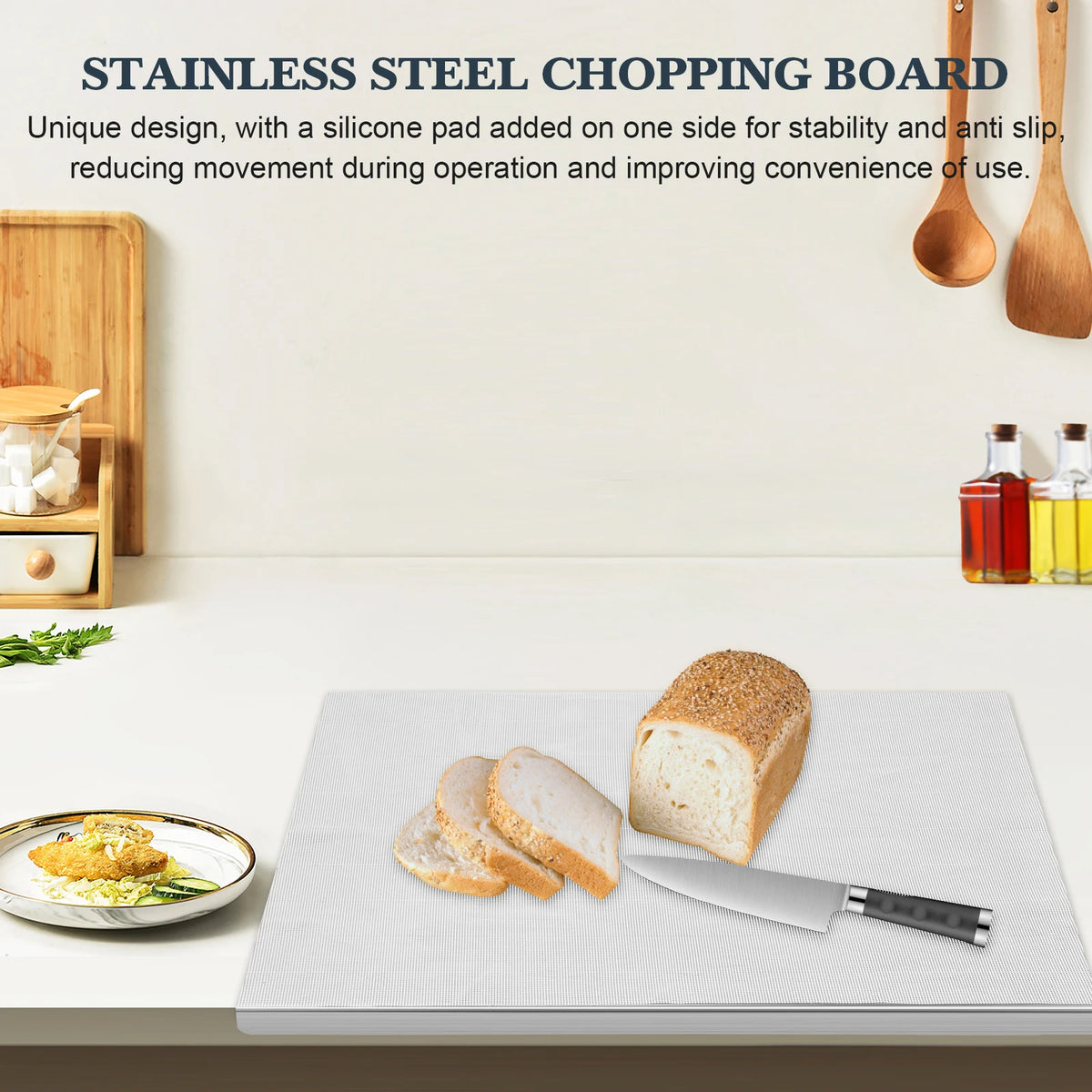 304 Stainless Steel Chopping Board with L-Shaped Edge & Silicone Mat – Thickened Double-Sided Cutting Board – Perfect for Meat, Vegetables & Kneading Dough