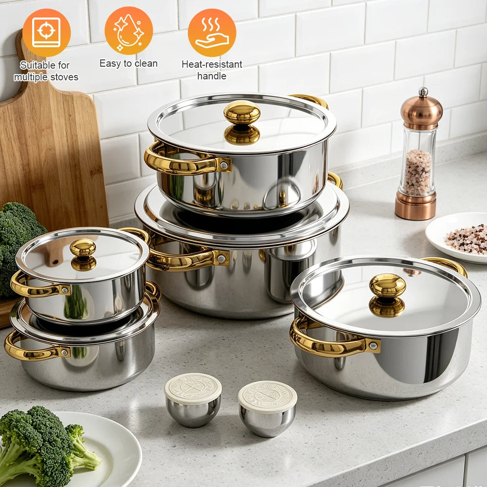 Stainless Steel Cookware Set with Kettle & Non-Stick Pan – Thickened Stockpots 18cm to 24cm with Lids – Ideal for All Hobs – Available in 14 & 17 Piece Sets