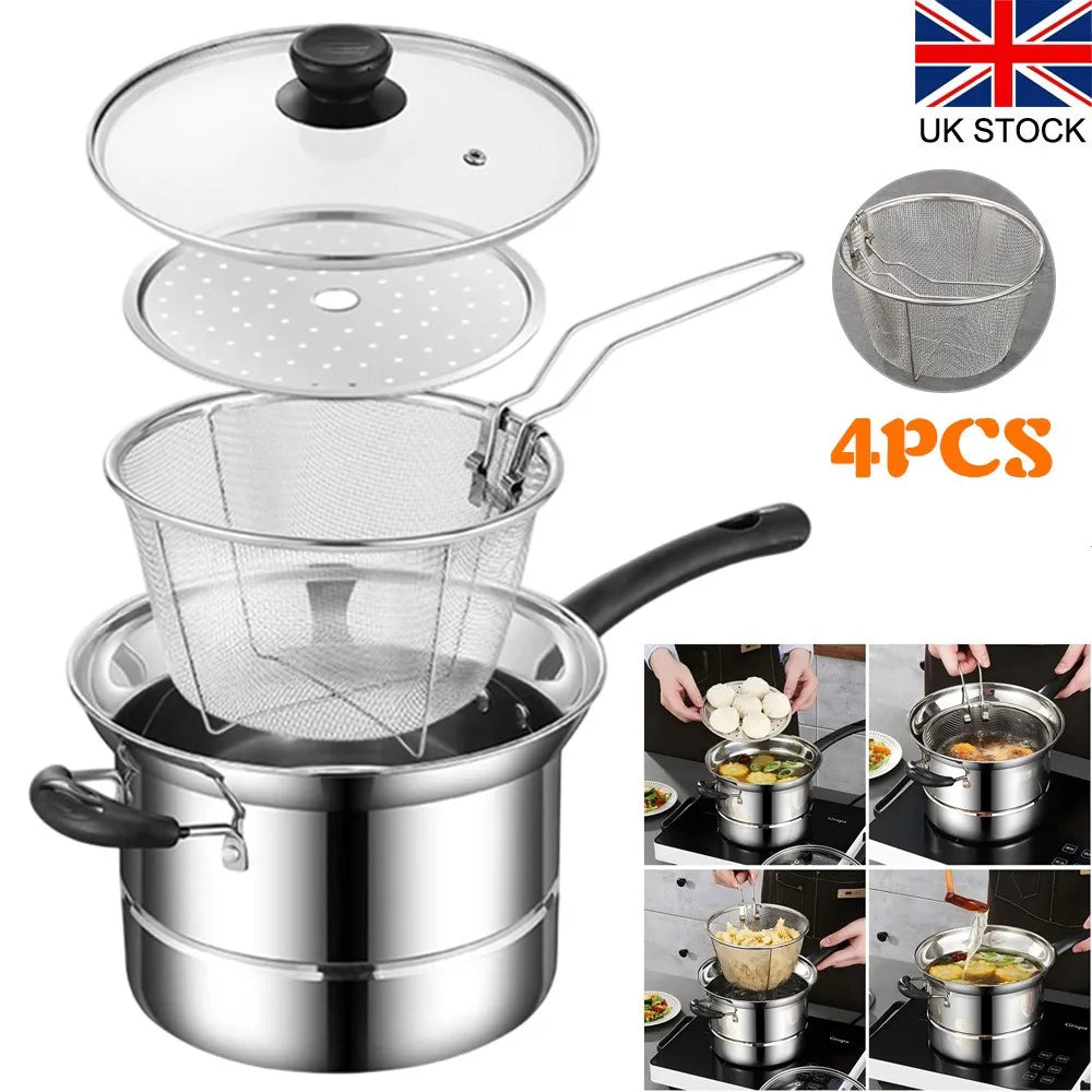 Stainless Steel Chip Pan with Frying Basket & Glass Lid – Deep Fat Fryer & Soup Pot with Encapsulated Base – Ideal for Chips, Noodles & Soups