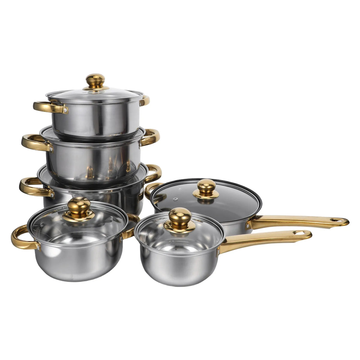 Golden Handle Stainless Steel Cookware Set with Glass Lids – 12 Piece Stock Pot, Saucepan, Steamer & Non-Stick Frying Pan – Ideal for Induction & Family Cooking