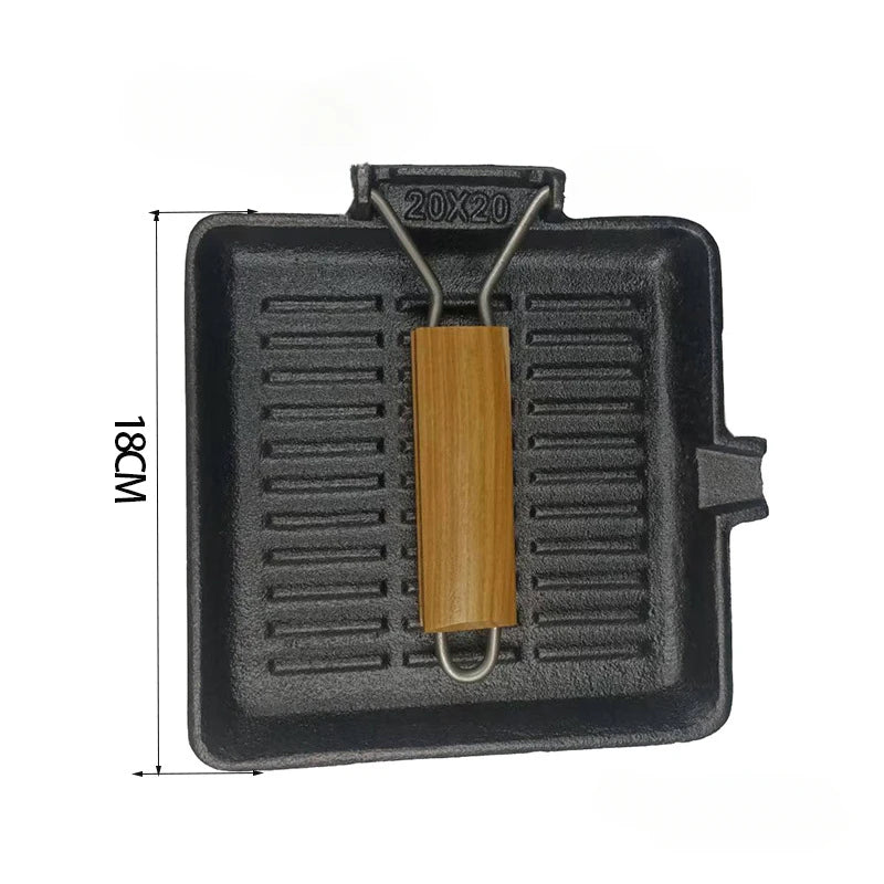Cast Iron Grill Pan with Foldable Wooden Handle – Square, Rectangular & Round Ridged Skillets for Induction – Perfect for Steaks & Vegetables – Available in 20 x 20cm, 21 x 35cm & 24cm Round