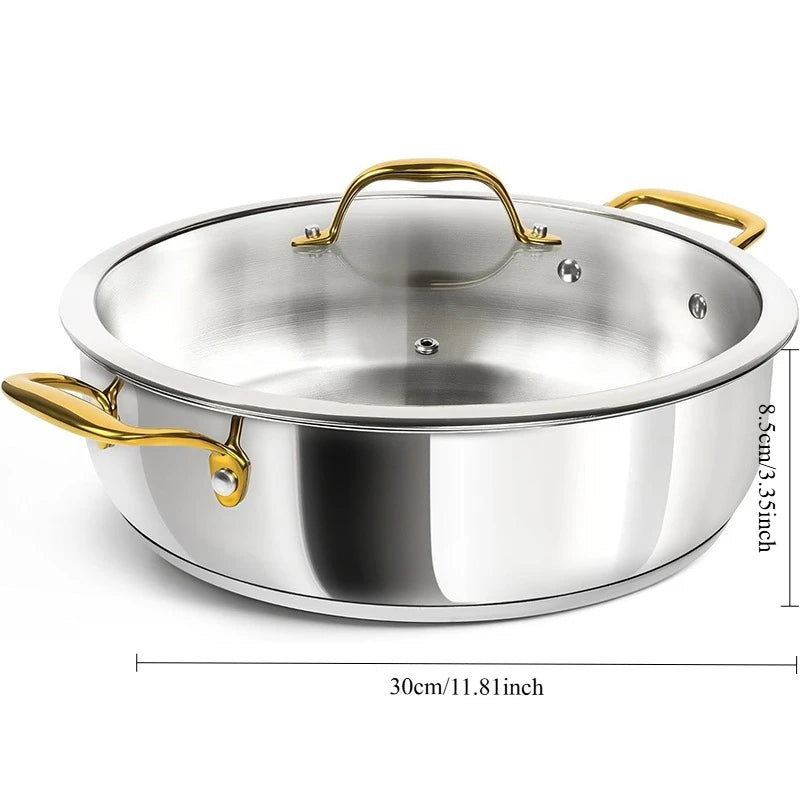 Stainless Steel Sauté Pan with Golden Handles & Glass Lid – Tri-Ply Deep Pan Ideal for Searing, Sautéing, Frying, Simmering & One-Pan Meals – Durable, Even-Heat Construction – All-Cooktop Compatible – 30cm