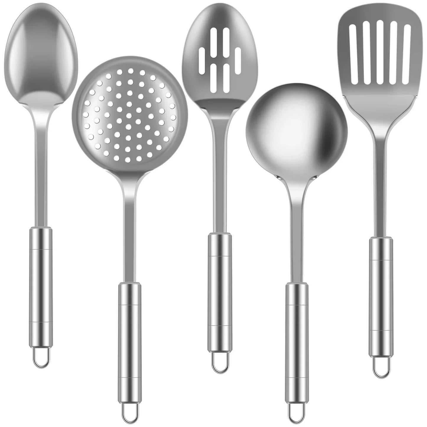 5-Piece Stainless Steel Kitchen Utensils Set – Heat-Resistant Spoons and Spatula with Hanging Hole
