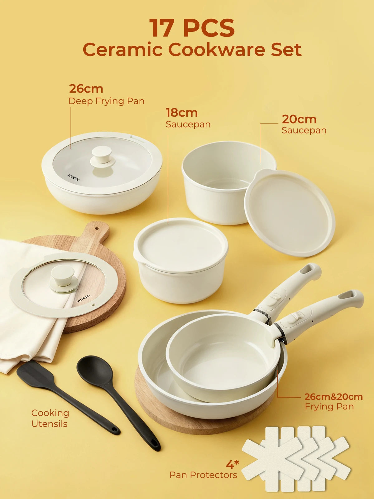 17 Piece Non-Stick Cookware Set with Removable Handle – Die-Cast Aluminium Pots & Pans with Glass Lids – Perfect for Induction & Space-Saving Storage