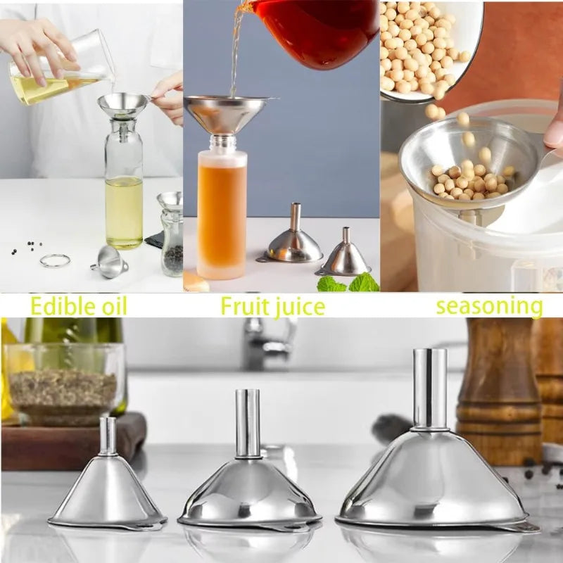 Stainless Steel Kitchen Funnel Set with Cleaning Brush – Food-Grade Funnels for Filling Bottles & Jars – Perfect for Oils, Sauces & Liquids – Available in 3 & 5 Piece Sets