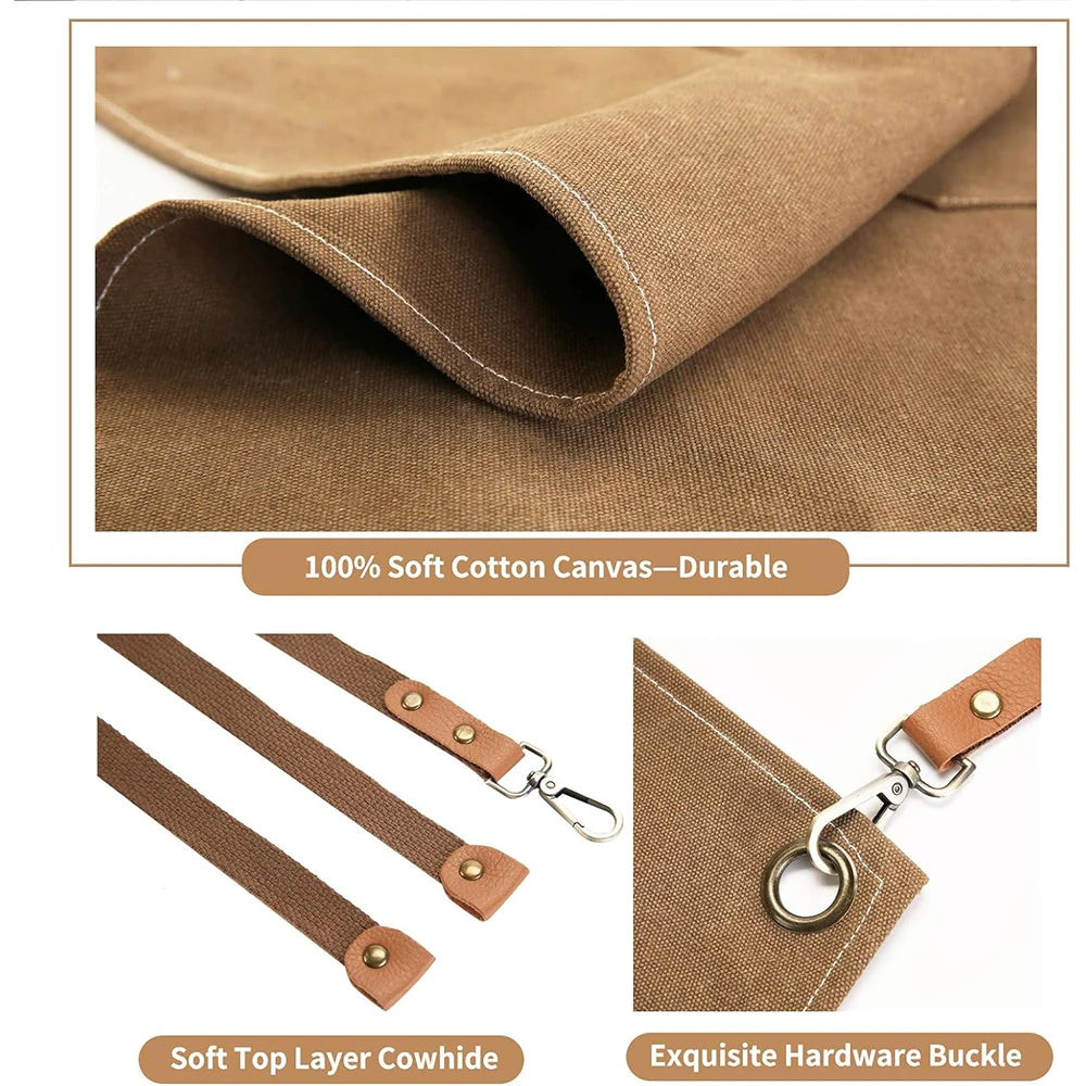 Canvas Chef Apron with Cross Back Straps – Cotton Kitchen Work Apron with Large Pockets – Best for Cooking, Baking & Grilling – Available in Dark Khaki, Blue, Black, White & Dark Grey Colours