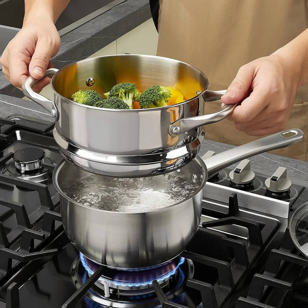 10 Piece Three-Layer Stainless Steel Cookware Set with Steamer – Saucepan, Casserole, Frying Pans & Deep Pan with Lids – Ideal for Induction & Family Meals – Available in 10 Piece Set & 10 Piece Set Colours