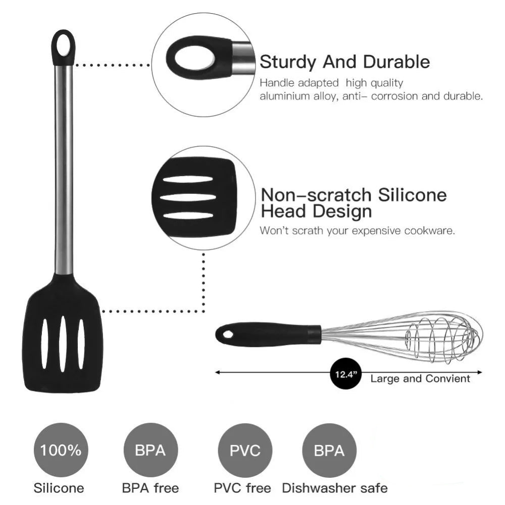 9-Piece Silicone Kitchen Utensils Set with Kitchen Utensils Storage Holder – Non-Scratch, Heat Resistant &amp; Dishwasher Safe