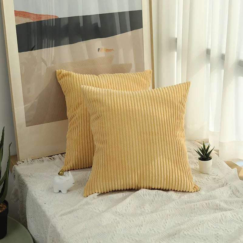 2 Piece Corduroy Striped Throw Pillow Cases 45x45cm – Soft Plush Decorative Cushion Covers – Great for Sofas, Beds & Living Rooms