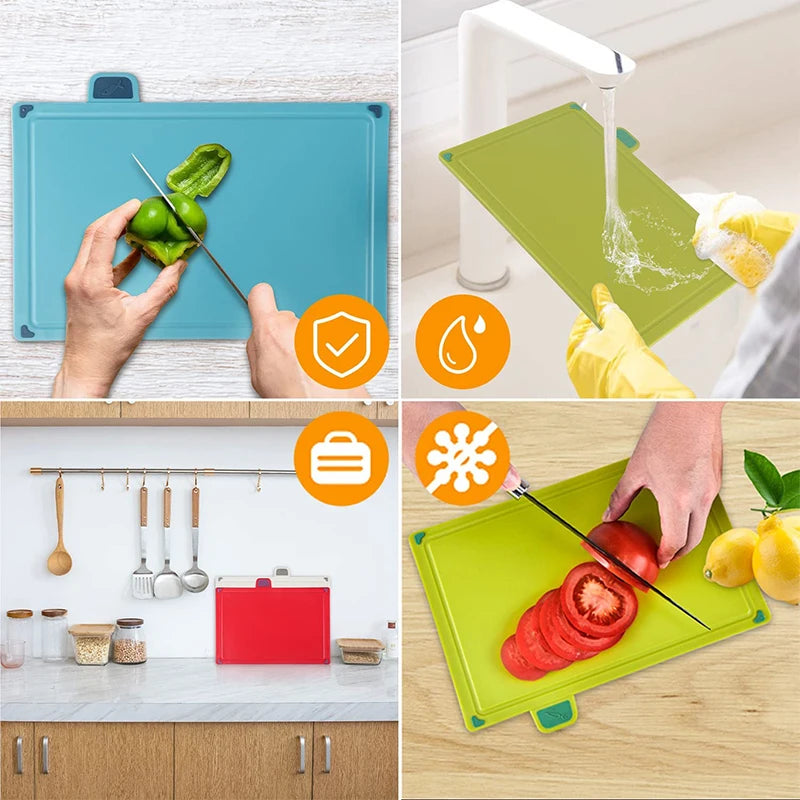 4 Piece Colour-Coded Plastic Chopping Board Set with Storage Stand – Thick Slip-Resistant Cutting Boards – Great for Meat, Fish, Vegetables & Fruit