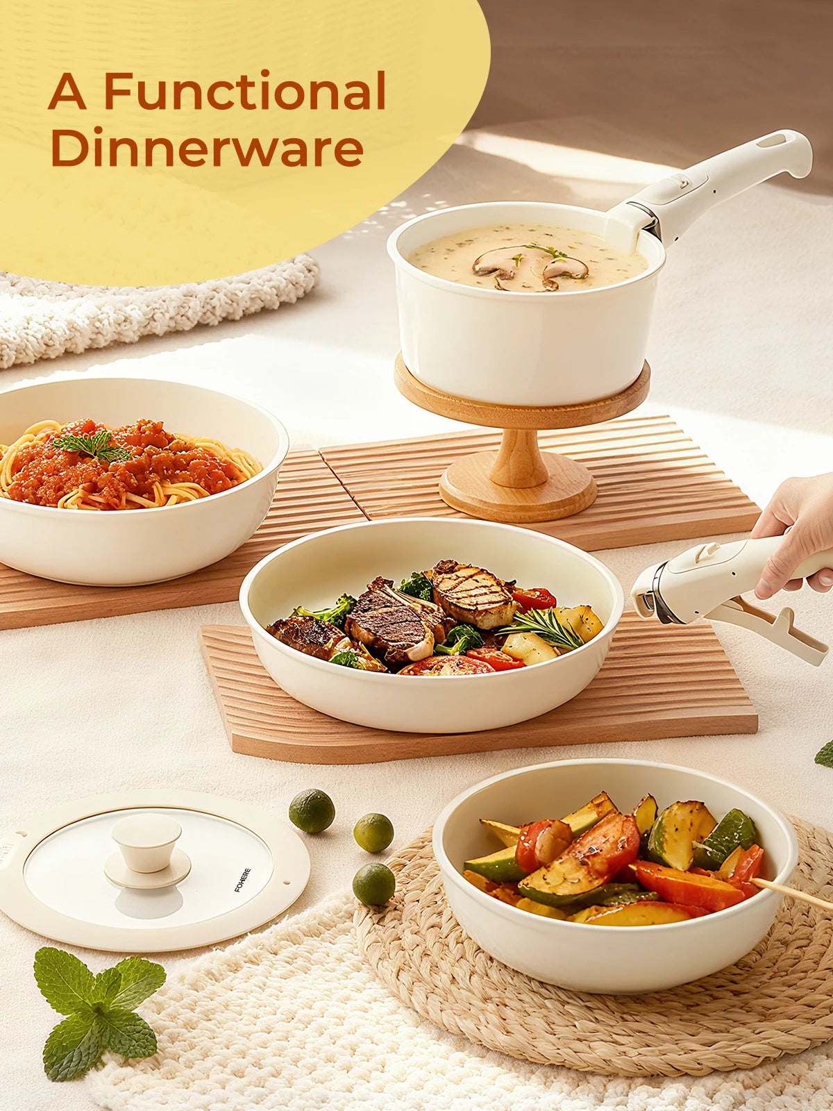 17 Piece Non-Stick Cookware Set with Removable Handle – Die-Cast Aluminium Pots & Pans with Glass Lids – Perfect for Induction & Space-Saving Storage