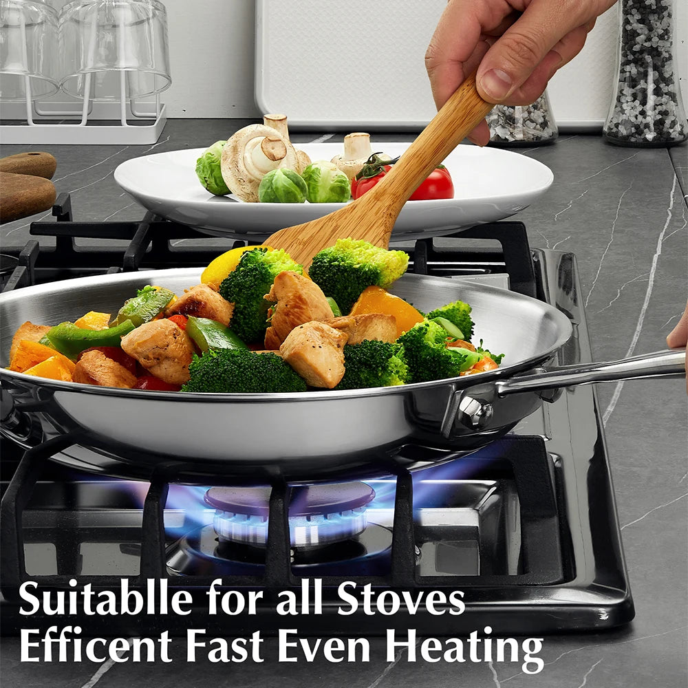 10 Piece Tri-Ply Stainless Steel Cookware Set with Lids – Saucepans, Deep Frying Pan, Casserole & Skillets – Best for Induction & Family Cooking