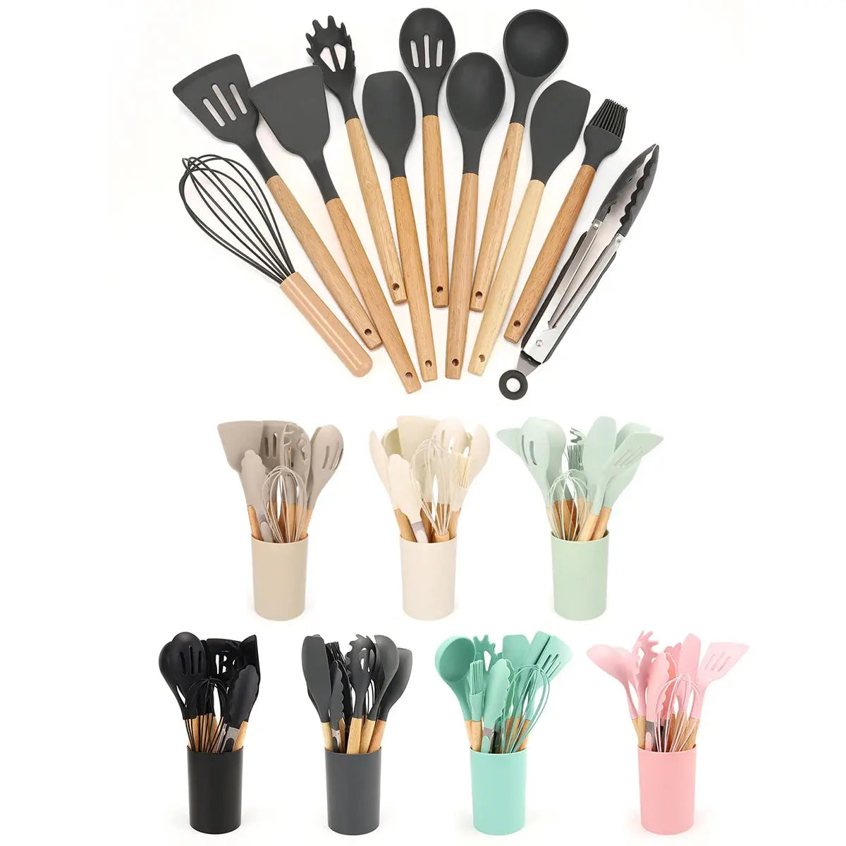 12-Piece Food-Grade Silicone Kitchen Utensils Set with Wooden Handles & Storage Holder – Versatile, Non-Stick & Heat-Resistant Cooking Utensils – Includes Turner, Spatula, Spoons & More for Cooking & Baking C for Chef