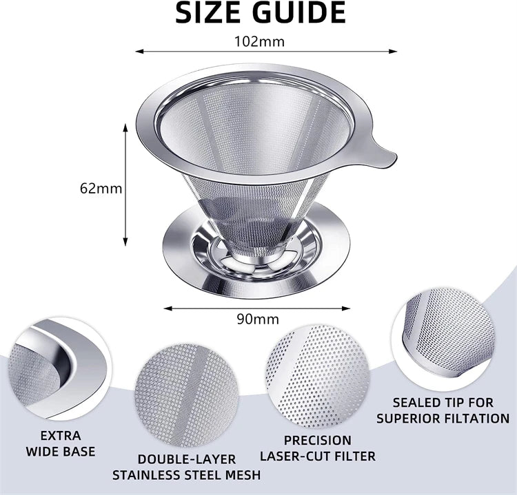 Stainless Steel Reusable Pour Over Coffee Dripper – Paperless Cone Coffee Filter for 1-4 Cups – Great for Fresh Filter Coffee at Home