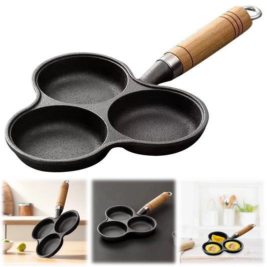 3-Hole Cast Iron Pre-Seasoned Frying Pan – Non-Stick Breakfast Skillet with Wooden Handle for Eggs, Pancakes, Burgers & More (Gas & Induction Compatible)