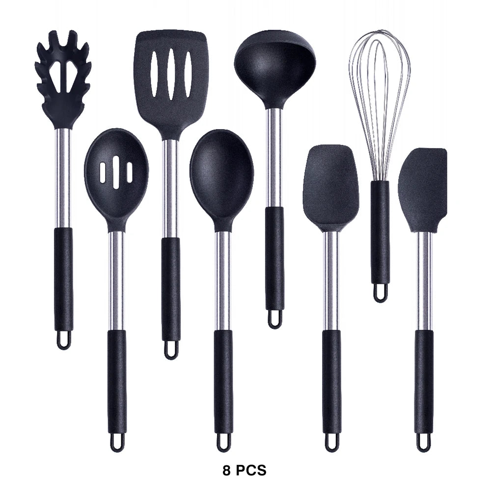 Silicone Kitchen Utensils Set with Stainless Steel Handles – Non-Stick Safe, Heat Resistant | Grey & Black | Available in 5 to 15-Piece Sets