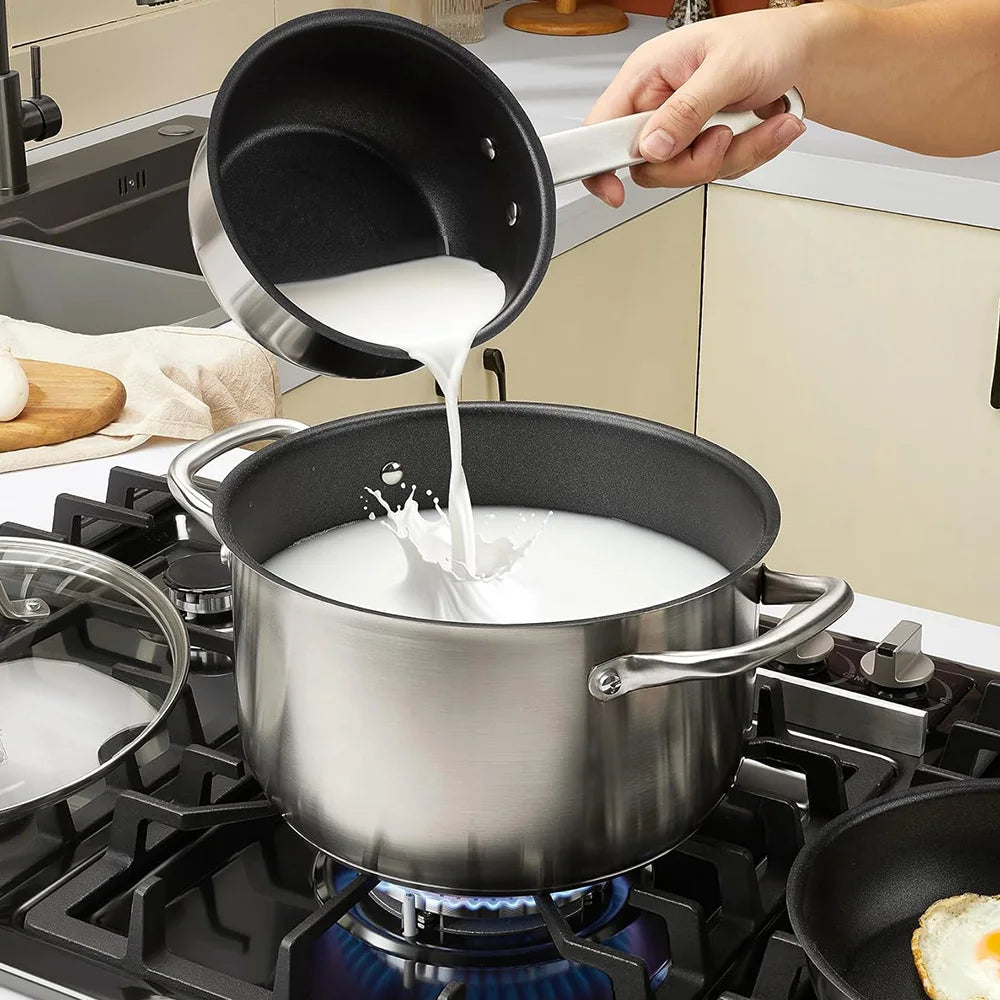 10 Piece Stainless Steel Pots & Pans Set with Non-Stick Interior – Saucepans, Casserole & Frying Pans with Glass Lids – Great for Induction & Everyday Cooking