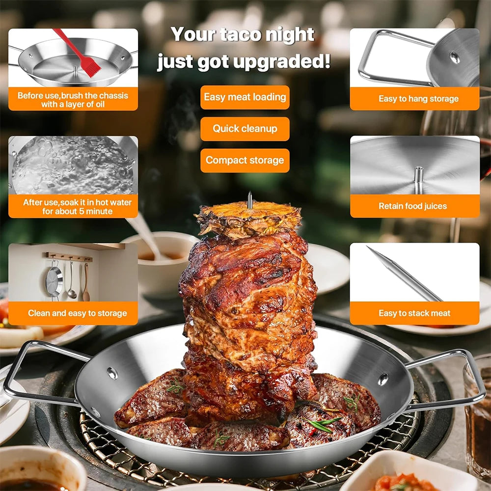 Stainless Steel Vertical Al Pastor Skewer with Base Plate – Brazilian Style Vertical Spit Stand – Perfect for Shawarma, Tacos & Outdoor BBQ Grills – Available in 4 Pieces, 6 Pieces & 8 Pieces