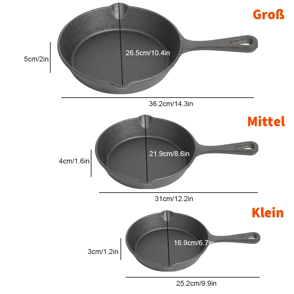 3 Piece Cast Iron Frying Pan Set with Pour Spouts – 16cm, 20cm & 26cm Skillets with Oil Brush & Glove – Ideal for Eggs, Steaks & Pancakes